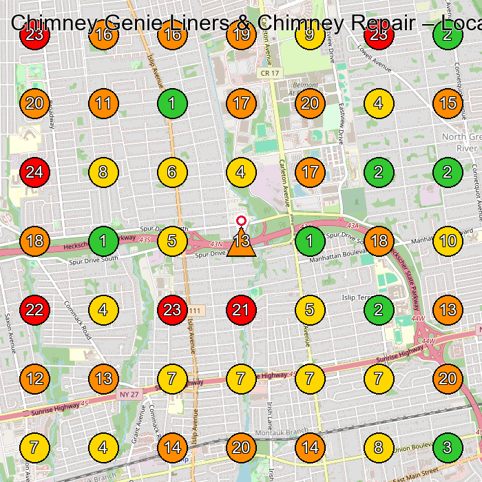 Chimney Genie Liners & Chimney Repair Chimney Services GeoGrid ranking map for Islip NY